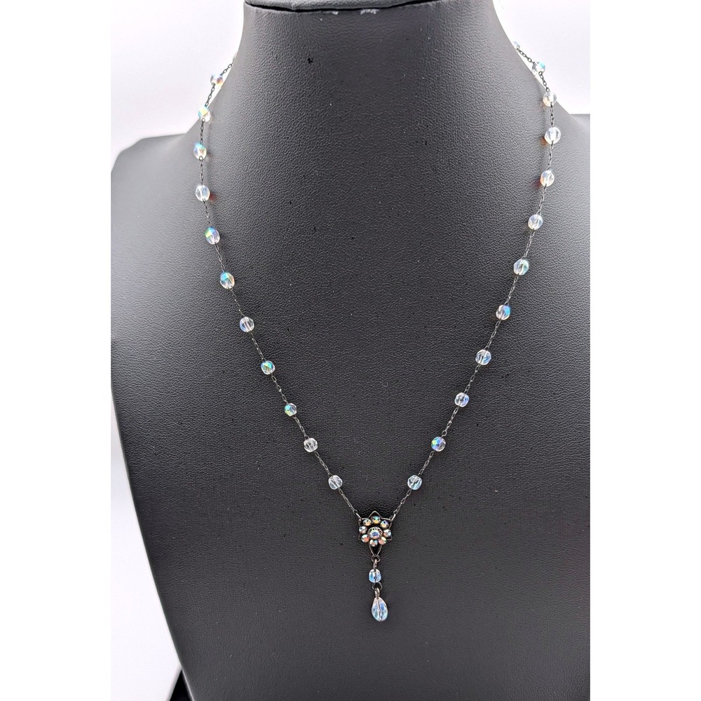 Lia Sophia Gunmetal AB Crystal Flower Drop Necklace Iridescent Beaded 18-21 Inch